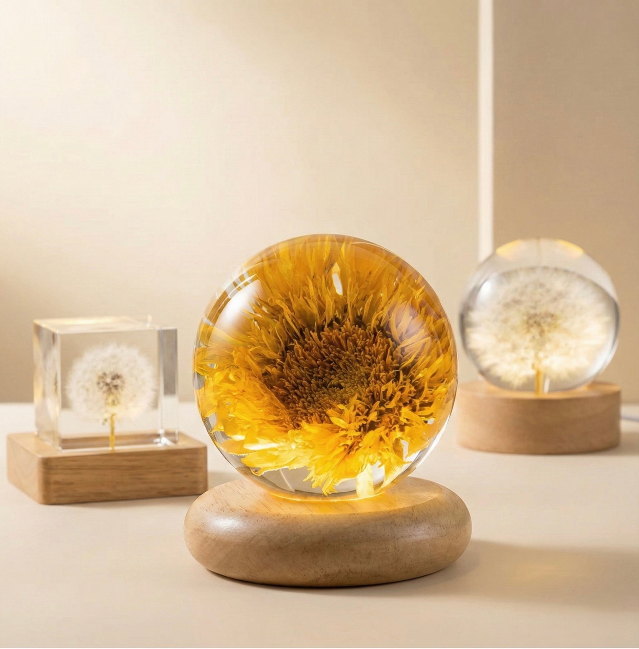 Lampă LED ambientală cu glob din cristal și bază din lemn