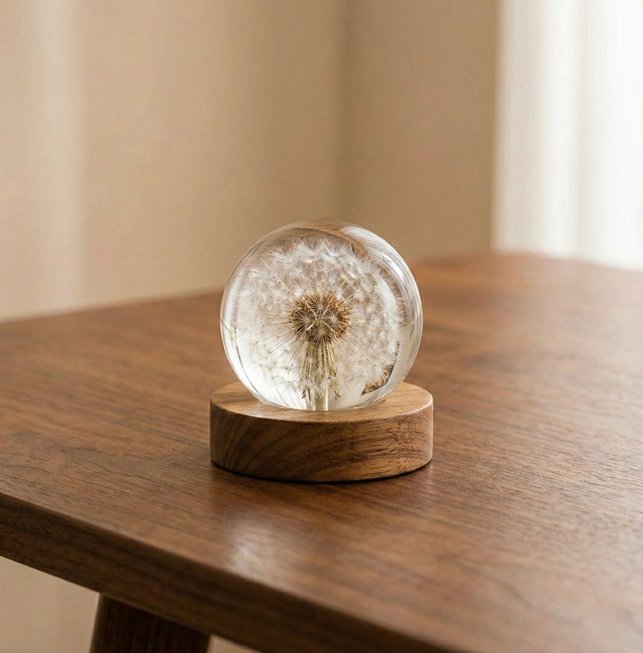 Lampă LED ambientală cu glob din cristal și bază din lemn